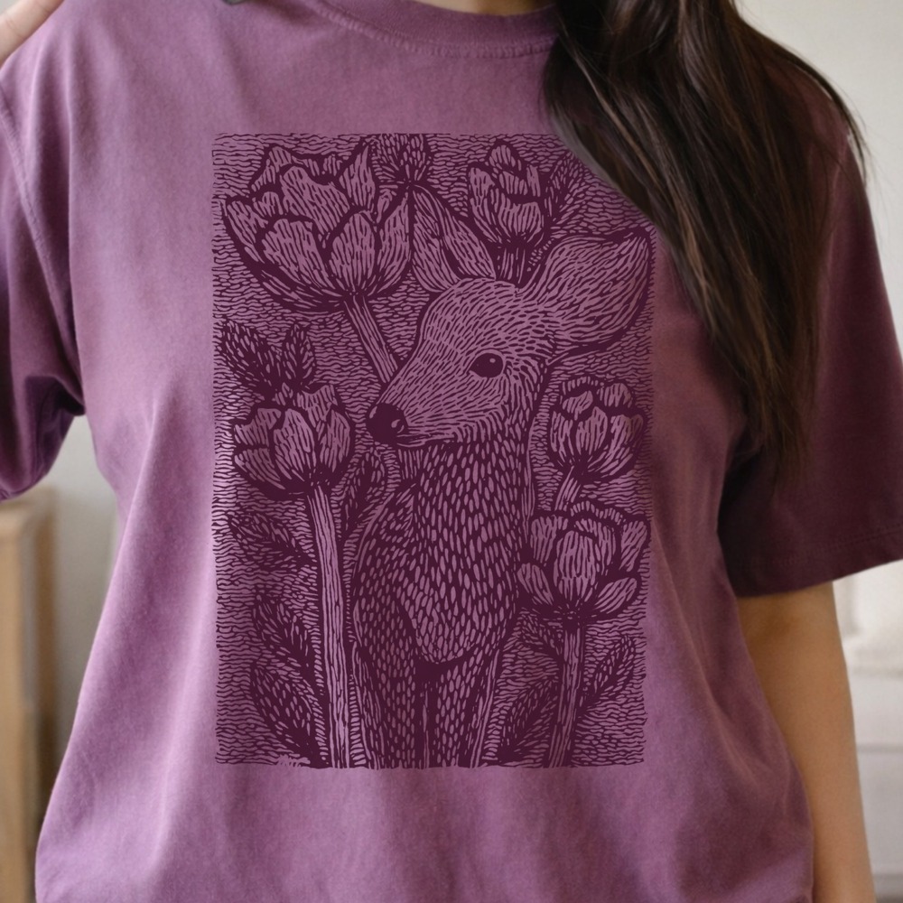 Deer in Wildflowers Graphic Tee Black and White Woodcut Art